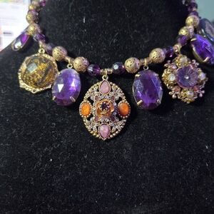 Purple and Gold Statement Pendant Necklace - Women Jewelry